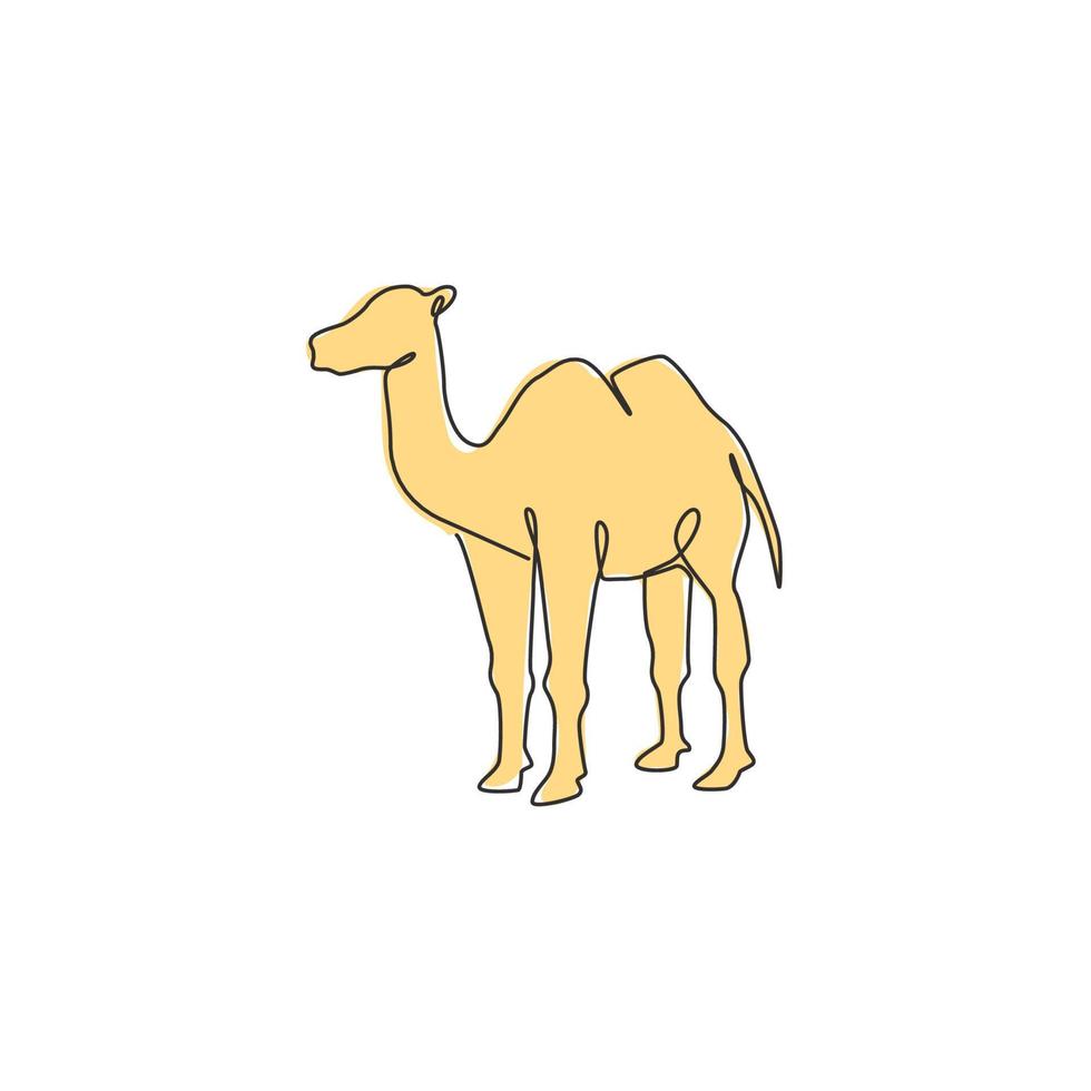 een doorlopende lijntekening van Arabische woestijnkameel voor de identiteit van het bedrijfslogo voor vee. dromedaris dier concept voor Midden-Oosten landen dierentuin icoon. enkele lijn tekenen ontwerp vectorillustratie vector