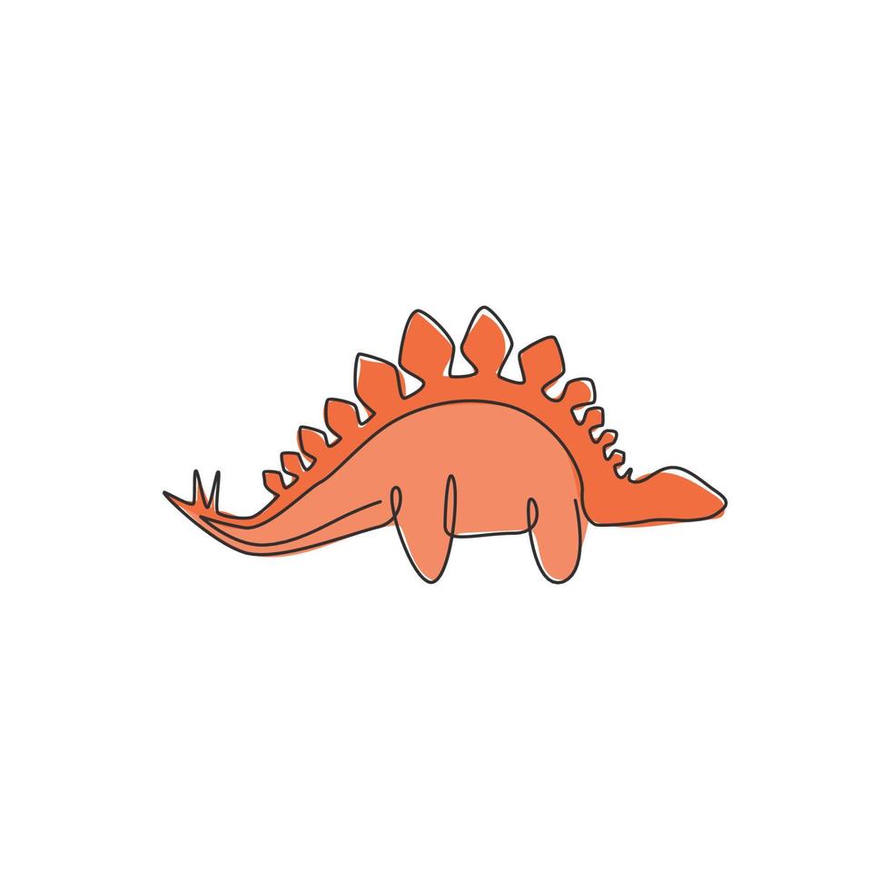 één doorlopende lijntekening van dinosaurussendier voor logo-identiteit. stegosaurus mascotte concept voor prehistorisch museum icoon. moderne enkele lijn tekenen ontwerp grafische vectorillustratie vector