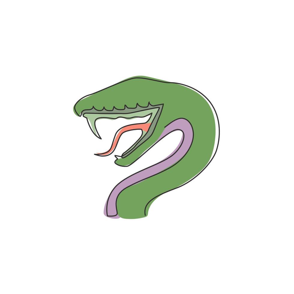 een enkele lijntekening van een giftige slang voor het logo van een medicijnbrouwsel. dodelijk cobra-mascotteconcept voor gevaarlijk dodelijk drankjepictogram. trendy ononderbroken lijntekening ontwerp vector grafische afbeelding