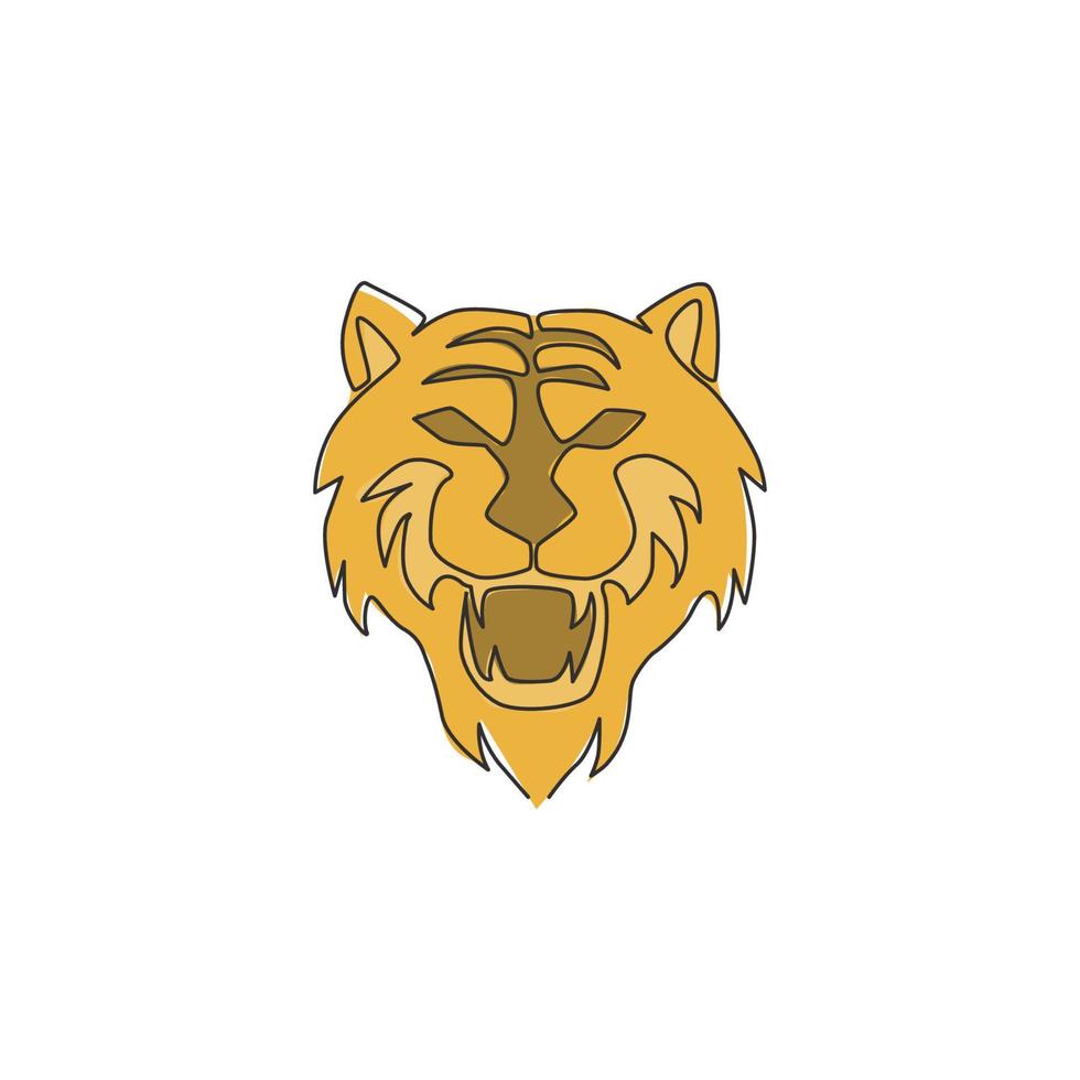 één enkele lijntekening van het hoofd van de wilde Sumatra-tijger voor de identiteit van het bedrijfslogo. sterk bengaalse grote kat dier mascotte concept voor nationaal natuurbeschermingspark. doorlopende lijn tekenen ontwerp illustratie vector