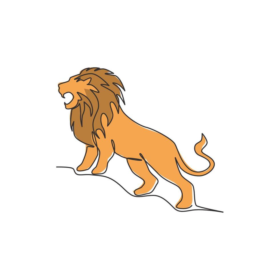 één enkele lijntekening van wilde leeuw voor bedrijfslogo bedrijfsidentiteit. sterk wildcat zoogdier dier mascotte concept voor nationaal natuurbeschermingspark. doorlopende lijn tekenen ontwerp vectorillustratie vector