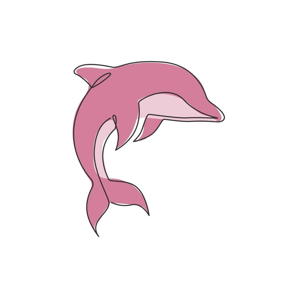 een doorlopende lijntekening van vriendelijke schattige dolfijn voor de identiteit van het aquarium aquarium logo. gelukkig zoogdier dier concept voor bedrijf mascotte. dynamische enkele lijn tekenen ontwerp illustratie vectorafbeelding vector