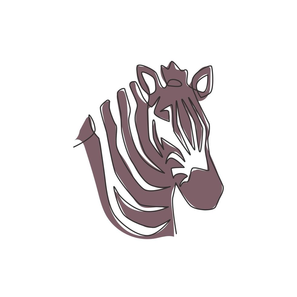 een doorlopende lijntekening van zebrakop voor de identiteit van het logo van het dierentuinsafari nationaal park. typisch paard uit afrika met strepenconcept voor bedrijfsmascotte. moderne enkele lijn tekenen ontwerp illustratie vector