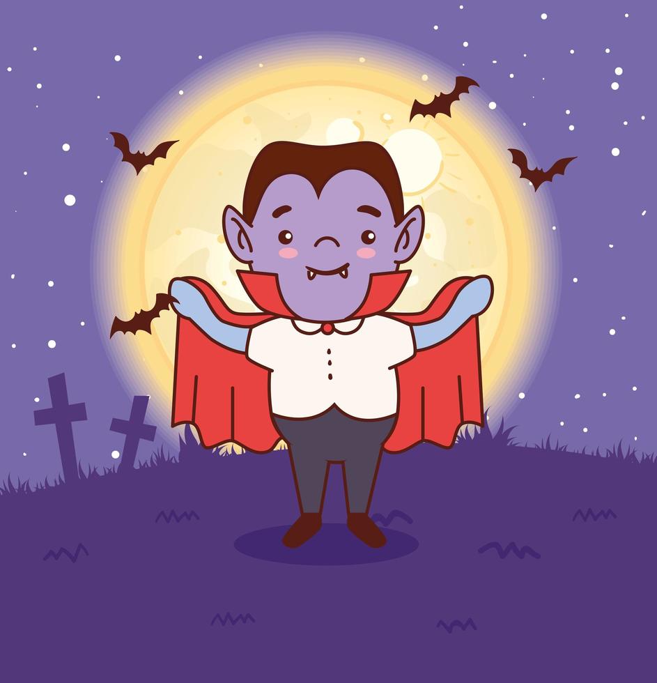 jongen in een vampierkostuum voor halloween 's nachts vector