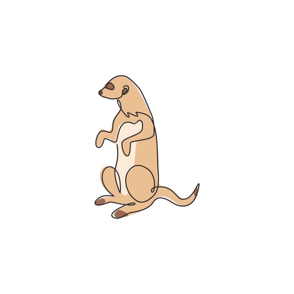 één enkele lijntekening van schattige meerkat voor de identiteit van het bedrijfslogo. suricata suricatta dierlijk mascotteconcept voor nationaal dierentuinpictogram. moderne doorlopende lijn tekenen ontwerp vector grafische afbeelding