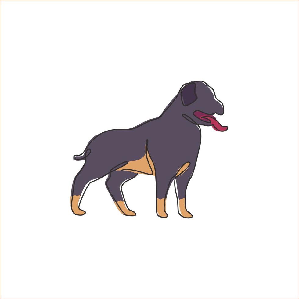 enkele lijntekening van onstuimige rottweiler-hond voor identiteit van het beveiligingscomlogo. rasechte hond mascotte concept voor stamboom vriendelijk huisdier icoon. moderne ononderbroken één lijn trekken ontwerp vectorillustratie vector