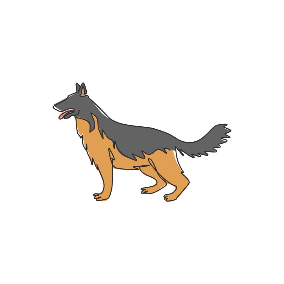 enkele lijntekening van onstuimige Duitse herdershond voor de identiteit van het bedrijfslogo. rasechte hond mascotte concept voor stamboom vriendelijk huisdier icoon. moderne ononderbroken één lijn trekken ontwerp vectorillustratie vector