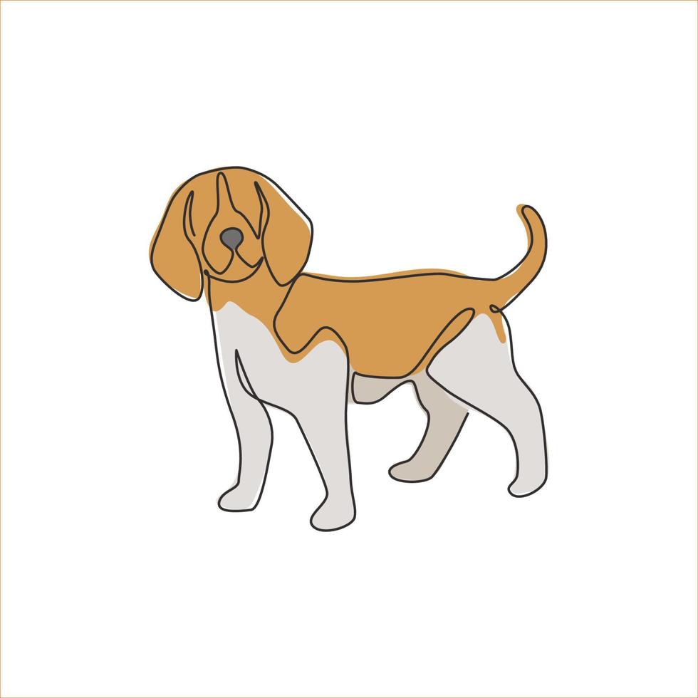 enkele lijntekening van schattige beagle hond voor de identiteit van het bedrijfslogo. rasechte hond mascotte concept voor stamboom vriendelijk huisdier icoon. moderne ononderbroken één lijn trekken ontwerp vector grafische illustratie
