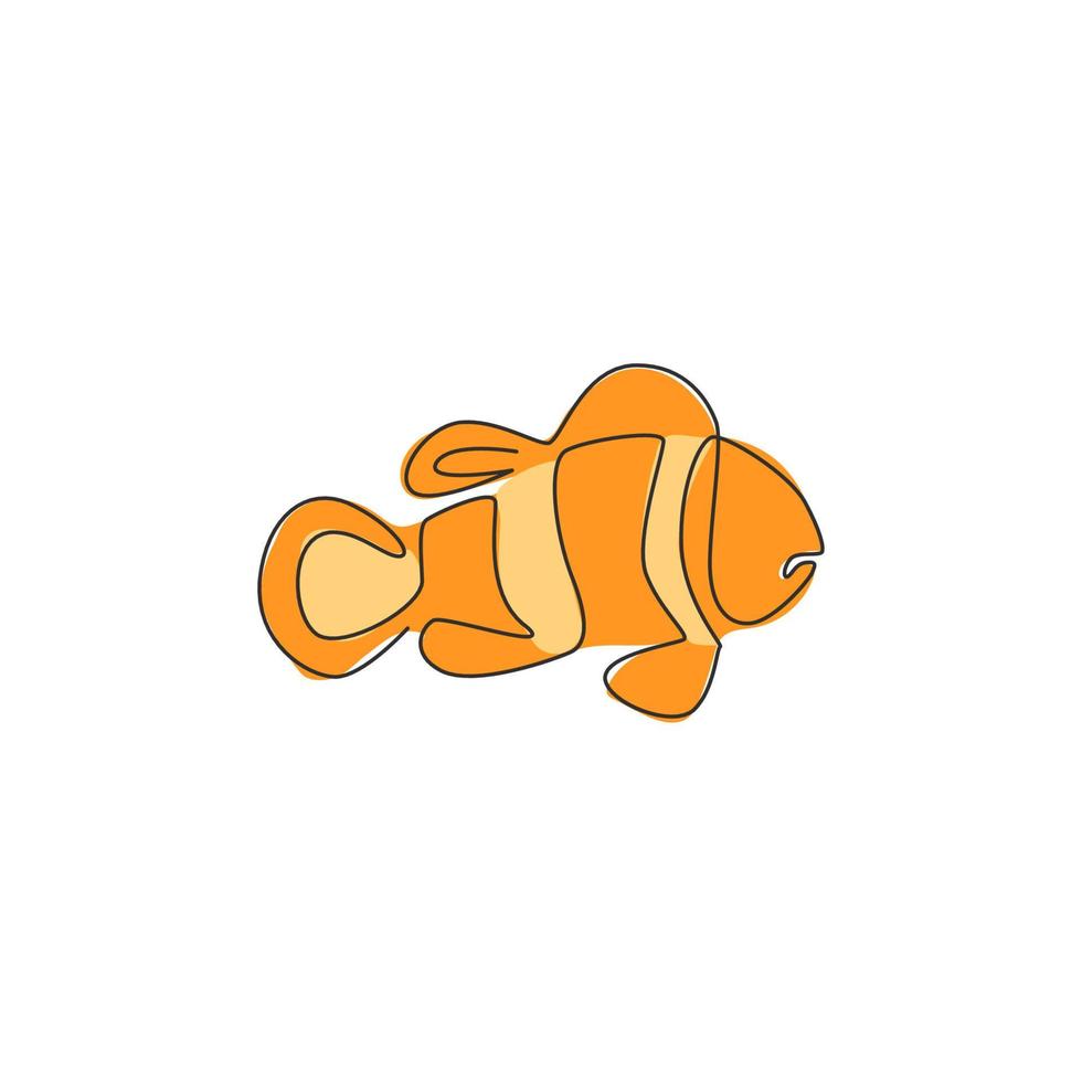 een doorlopende lijntekening van schattige clownvissen voor de identiteit van het zeewateraquariumlogo. gestript anemonefish mascotte concept voor aquatische show icoon. moderne enkele lijn tekenen ontwerp vectorillustratie vector