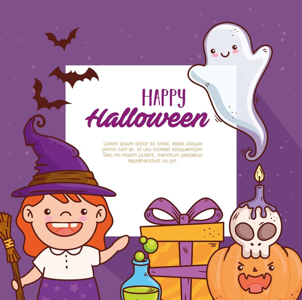 schattig meisje in een heksenkostuum voor halloween-feestbanner vector