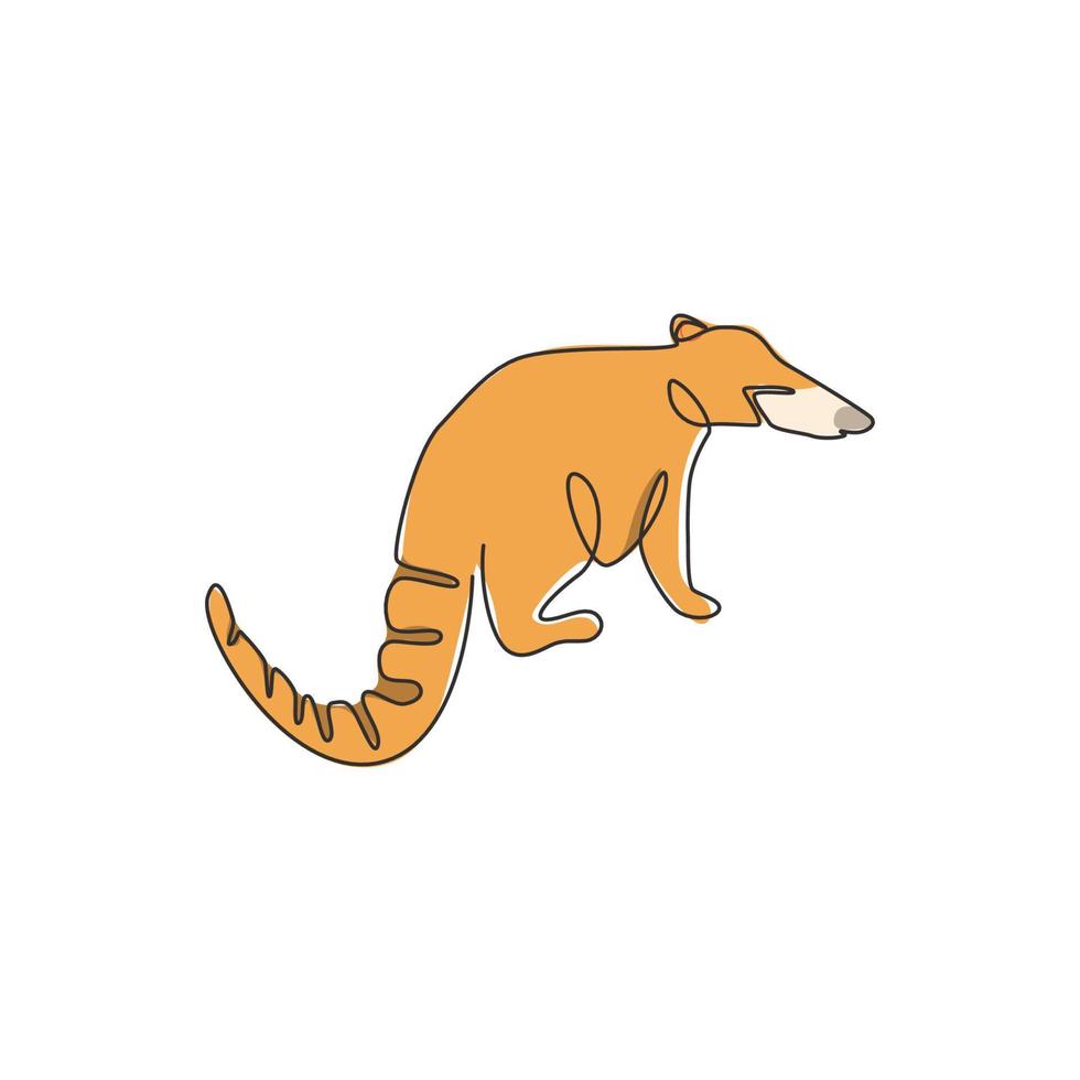 enkele lijntekening van mooie coati voor de identiteit van het bedrijfslogo. dagelijkse zoogdieren mascotte concept voor nationaal natuurbehoud park icoon. moderne doorlopende lijn tekenen ontwerp vectorillustratie vector