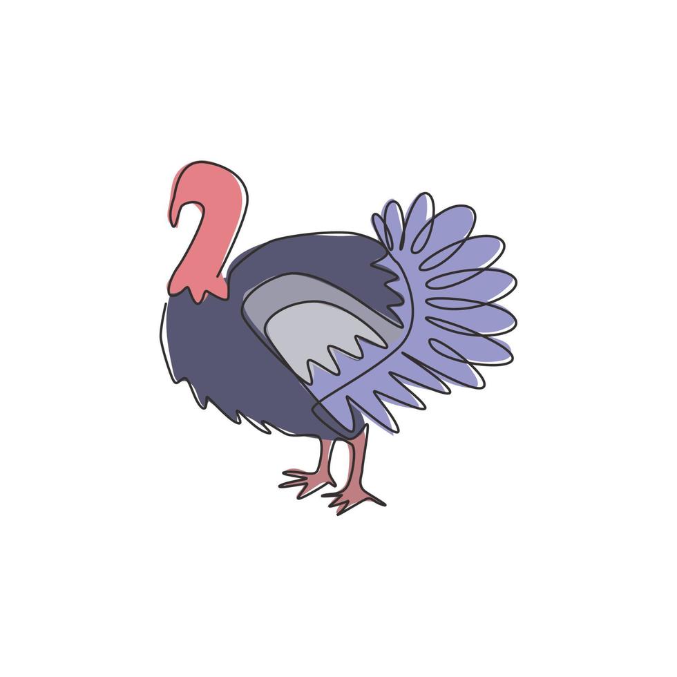 één enkele lijntekening van grote kalkoen voor de identiteit van het logo van pluimvee. gevogelte vogel mascotte concept voor landbouw icoon. moderne doorlopende lijn tekenen ontwerp vector grafische afbeelding