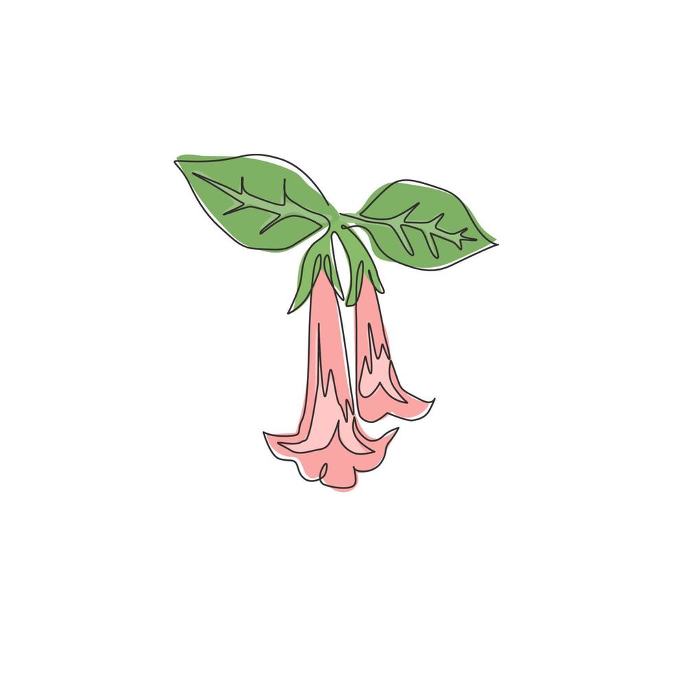 enkele lijntekening van schoonheids vers brugmansia voor tuinlogo. decoratieve engel trompet bloem concept voor home decor kunst aan de muur poster print. moderne doorlopende lijn tekenen ontwerp vectorillustratie vector