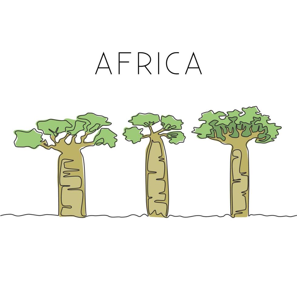een doorlopende lijntekening van een grote baobabboom. decoratieve adansonia digitata plant voor thuis muur decor art poster print. reizen vakantie concept. trendy enkele lijn tekenen ontwerp vectorillustratie vector