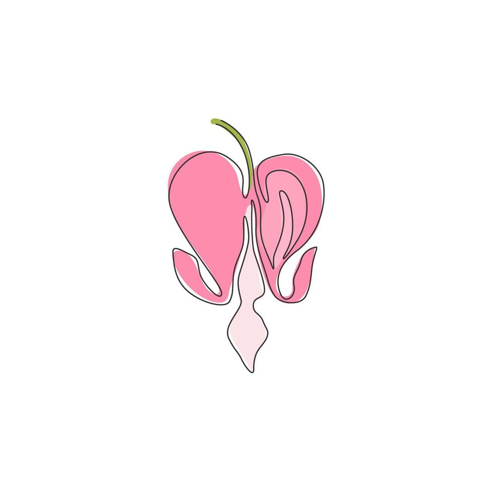 enkele lijntekening schoonheid lamprocapnos spectabilis voor tuinlogo. decoratieve bloedende hart bloem voor thuis art wall decor poster print. moderne doorlopende lijn tekenen ontwerp vectorillustratie vector