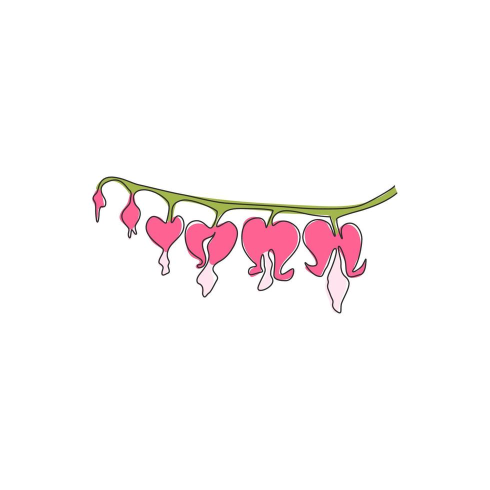 een doorlopende lijntekening van schoonheidsverse dicentra spectabilis voor tuinlogo. decoratieve lier hart bloem concept voor bruiloft uitnodigingskaart. trendy enkele lijn tekenen ontwerp vectorillustratie vector