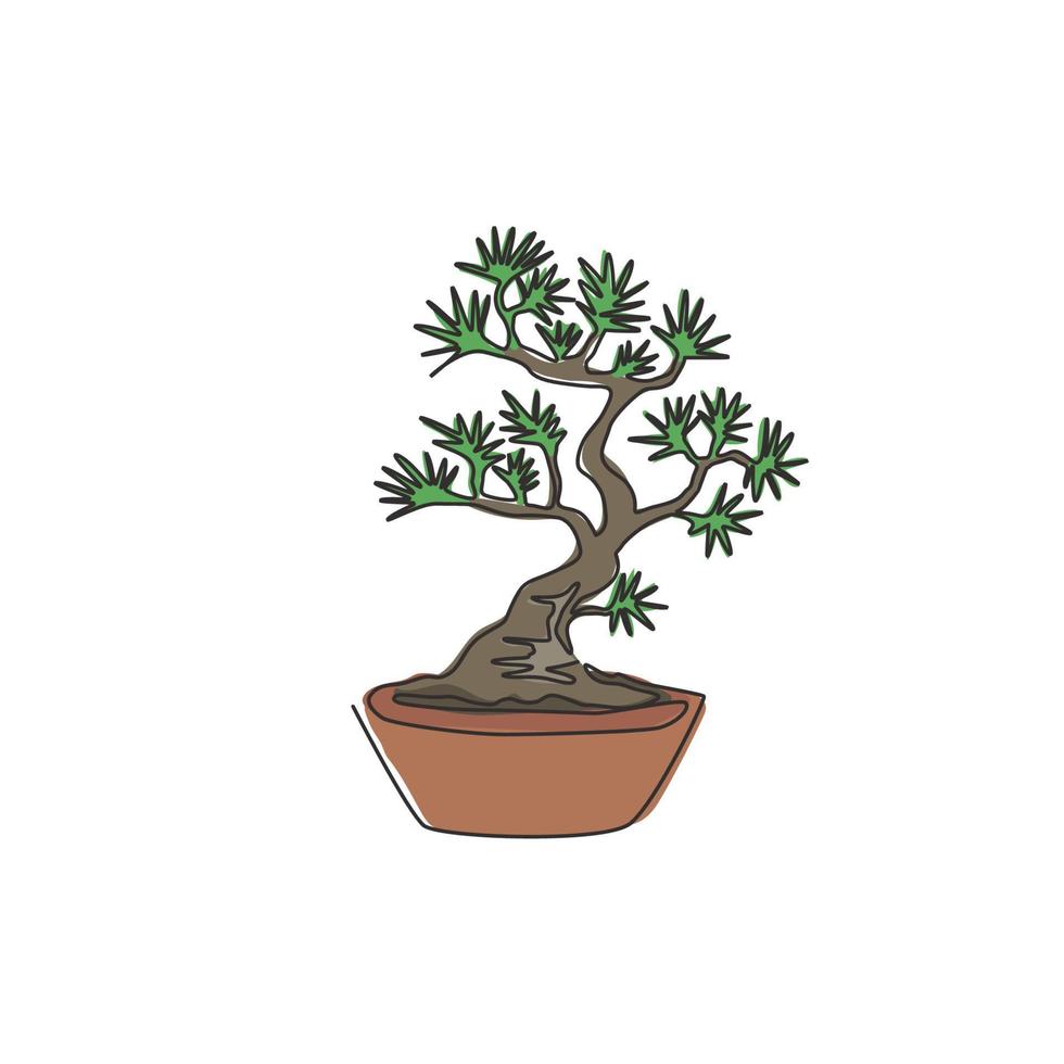 enkele een lijntekening schoonheid en exotische miniatuur bonsai boom voor thuis wall art decor poster print. decoratieve oude potplant voor winkellogo. moderne doorlopende lijn tekenen ontwerp vectorillustratie vector