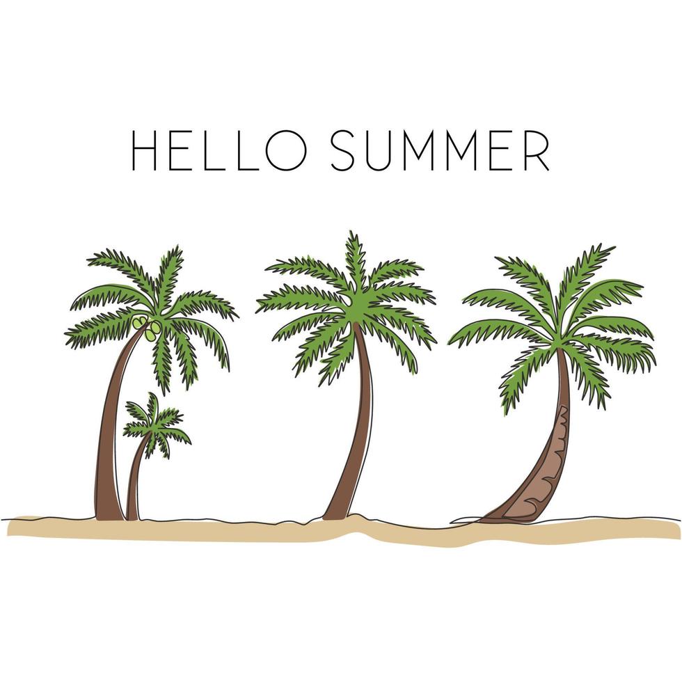 enkele lijntekening van kokospalm. decoratieve cocos nucifera palm voor hallo zomer wenskaart. toerisme reizen vakantie concept. moderne doorlopende lijn tekenen ontwerp vectorillustratie vector