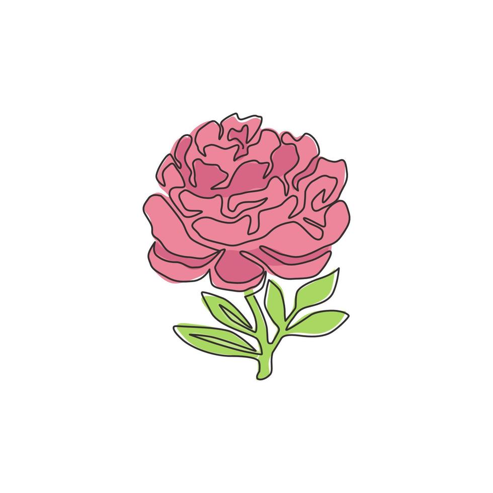 enkele doorlopende lijntekening van schoonheidsverse paeony voor tuinlogo. afdrukbare decoratieve pioen bloem concept voor home decor kunst aan de muur poster print. moderne één lijn tekenen ontwerp vectorillustratie vector