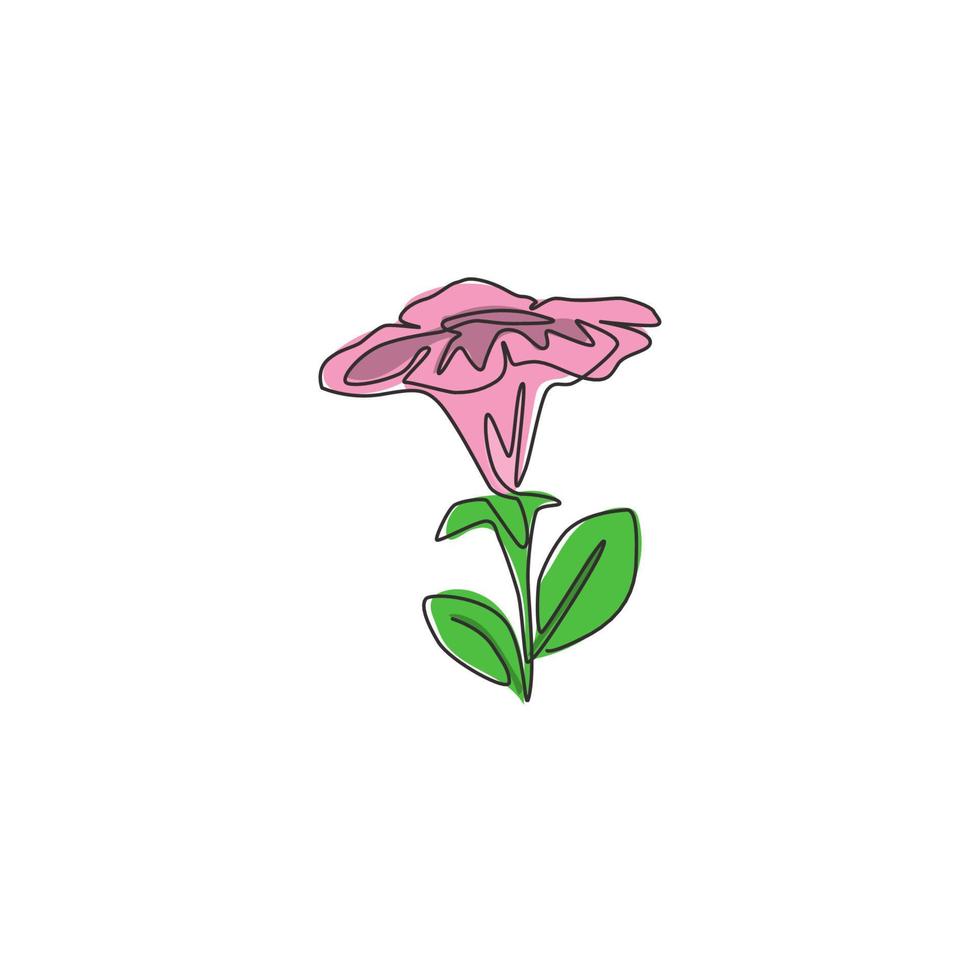 een enkele lijntekening van schoonheid verse petunioideae voor hpme muur decor poster art. afdrukbaar decoratief petunia-bloemconcept voor parkpictogram. moderne doorlopende lijn tekenen ontwerp vectorillustratie vector