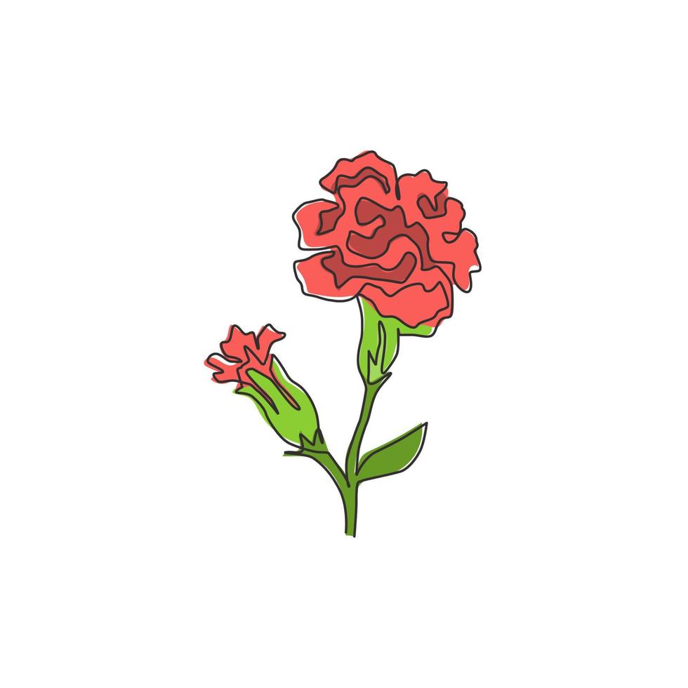 enkele doorlopende lijntekening schoonheid verse dianthus voor home decor poster kunst aan de muur. afdrukbare decoratieve anjerbloem voor huwelijksuitnodigingskaart. moderne één lijn tekenen ontwerp vectorillustratie vector