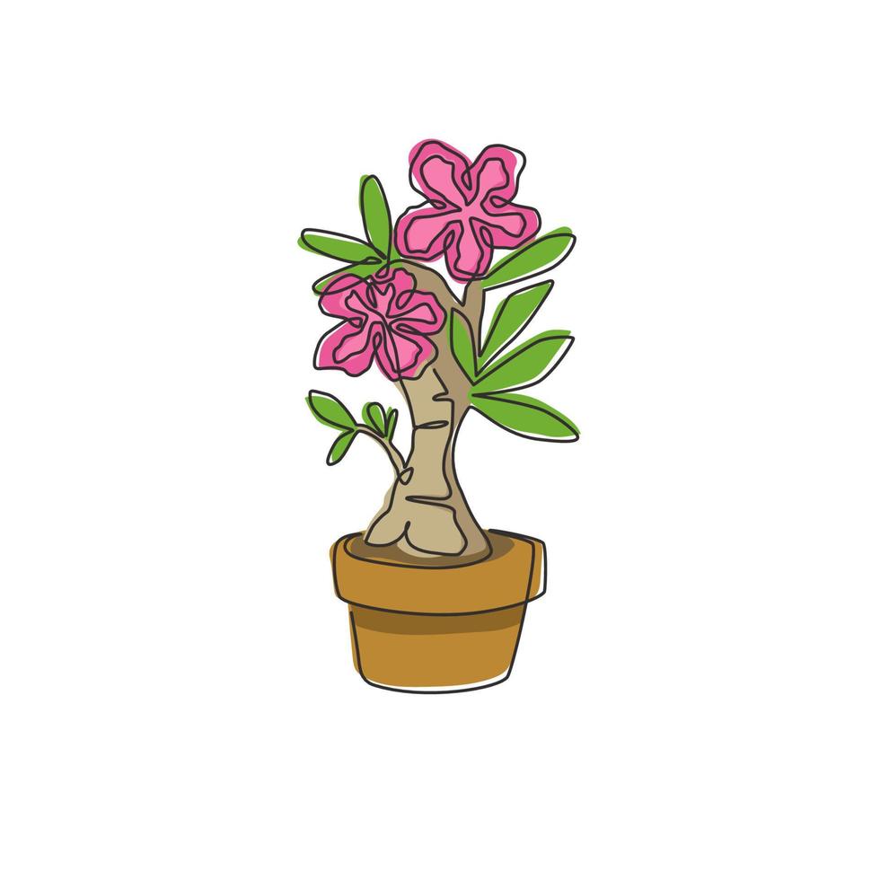 één enkele lijntekening van verse schoonheid ingemaakte adenium voor tuinlogo. afdrukbare poster decoratieve woestijnroos bloem concept voor muur home decor. doorlopende lijn tekenen ontwerp vectorillustratie vector