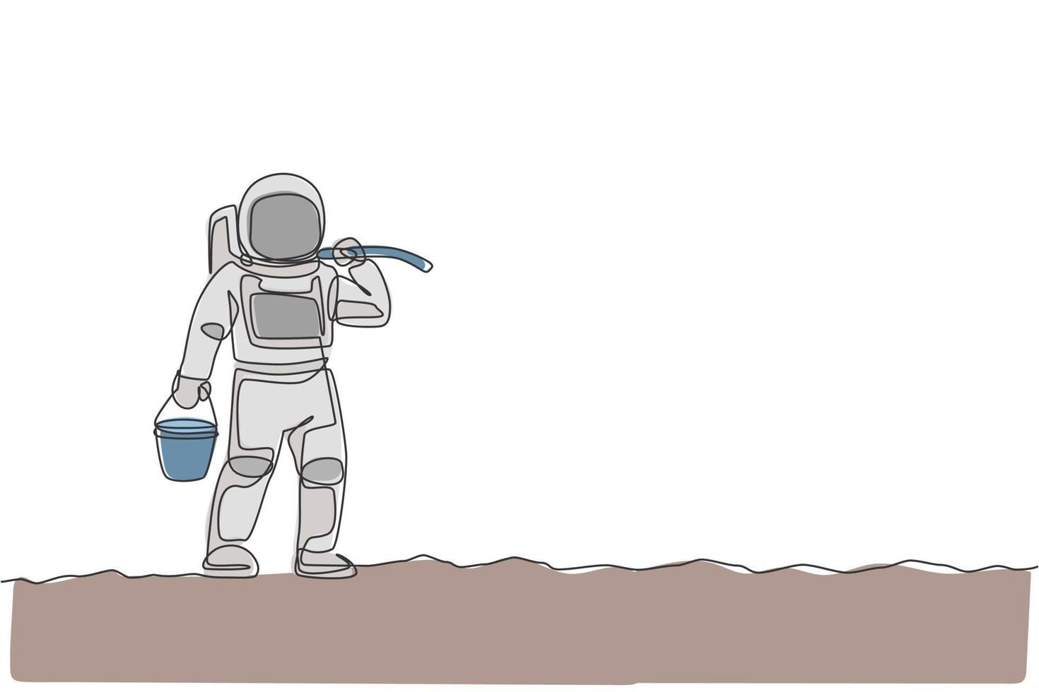 een doorlopende lijntekening van een ruimtevaarder die een emmer en een schoffel op de schouder draagt terwijl hij op het maanoppervlak loopt. deep space landbouw astronaut concept. dynamische enkele lijn tekenen ontwerp vectorillustratie vector