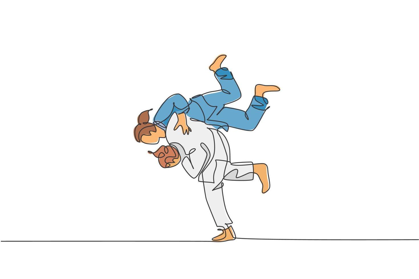 enkele doorlopende lijntekening twee sportieve judoka-vechtervrouwen oefenen judovaardigheid in het dojo-sportcentrum. vechten jiujitsu, aikido sport concept. trendy één lijn tekenen grafisch ontwerp vectorillustratie vector