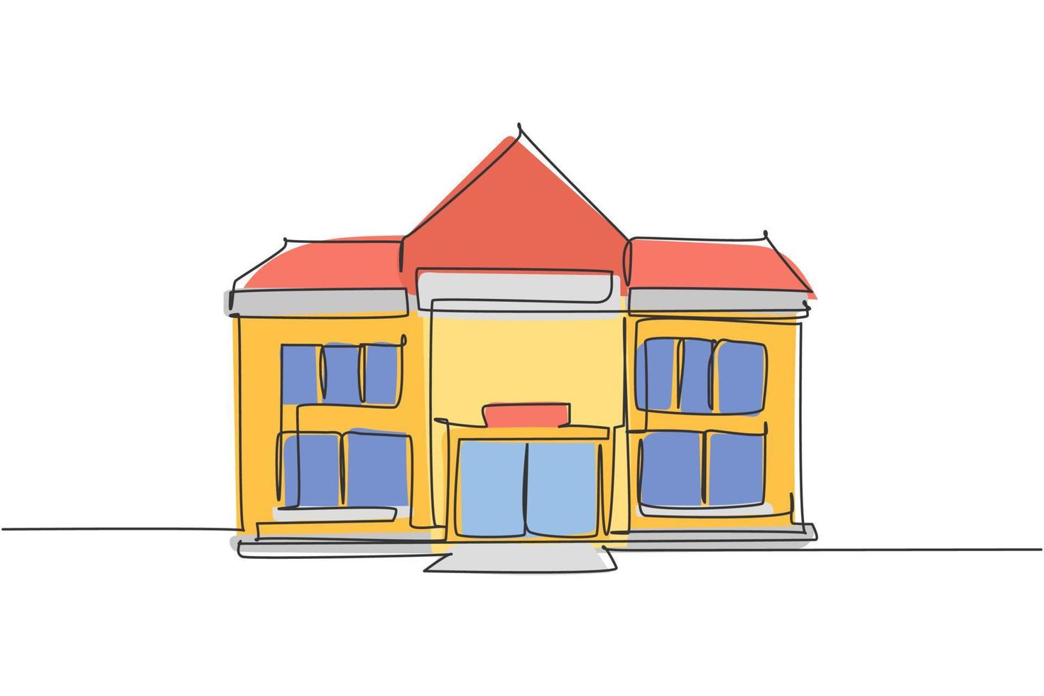 continu een lijntekening basisschool gebouw in de kleine stad. terug naar school hand getekend minimalisme concept. ontwerp met enkele lijn voor grafische vectorillustratie voor onderwijs vector