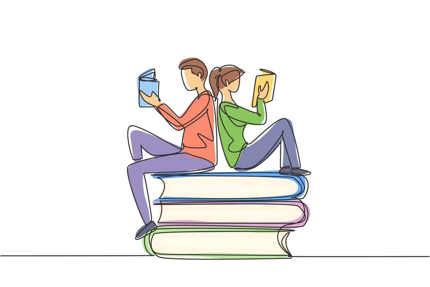 enkele lijntekening studenten vrouw en man lezen, leren en zitten op grote boeken. studeren in bibliotheek. literatuurfans of -liefhebbers. moderne doorlopende lijn tekenen ontwerp grafische vectorillustratie vector