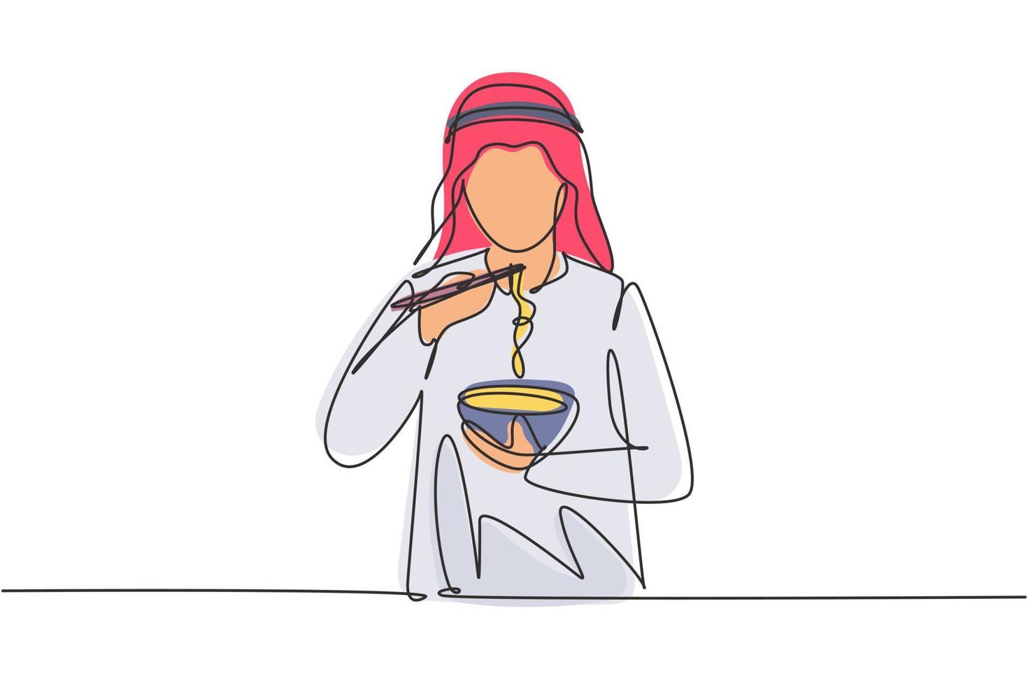 enkele een lijntekening jonge arabische man met noedels maaltijd met stokjes rond tafel. geniet van de lunch als je honger hebt. heerlijk en gezond eten. doorlopende lijn tekenen ontwerp grafische vectorillustratie vector