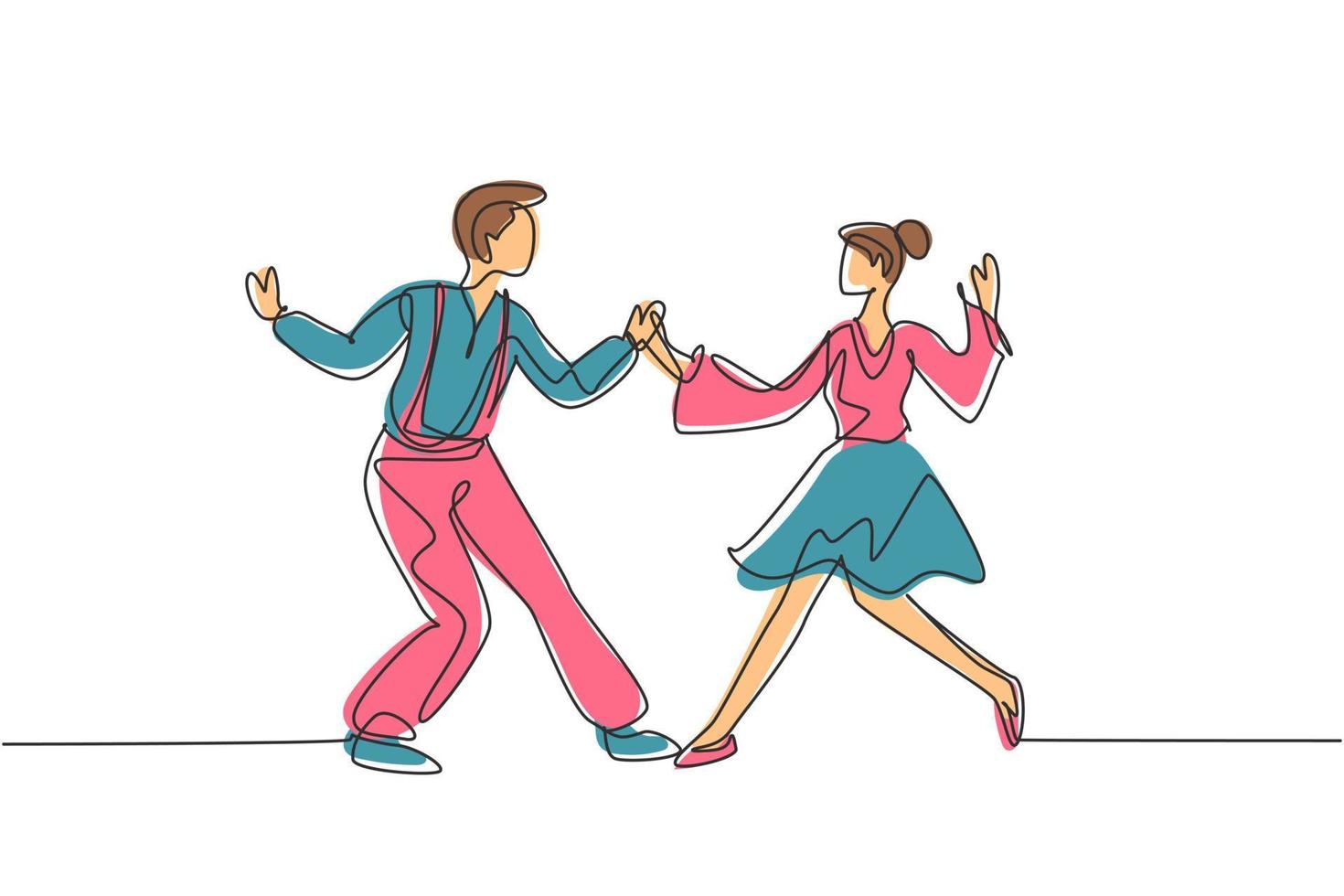 continue een lijntekening man en vrouw dansen lindy hop of swing samen. mannelijke en vrouwelijke personages die dansen op school of feest. enkele lijn tekenen ontwerp vector grafische afbeelding