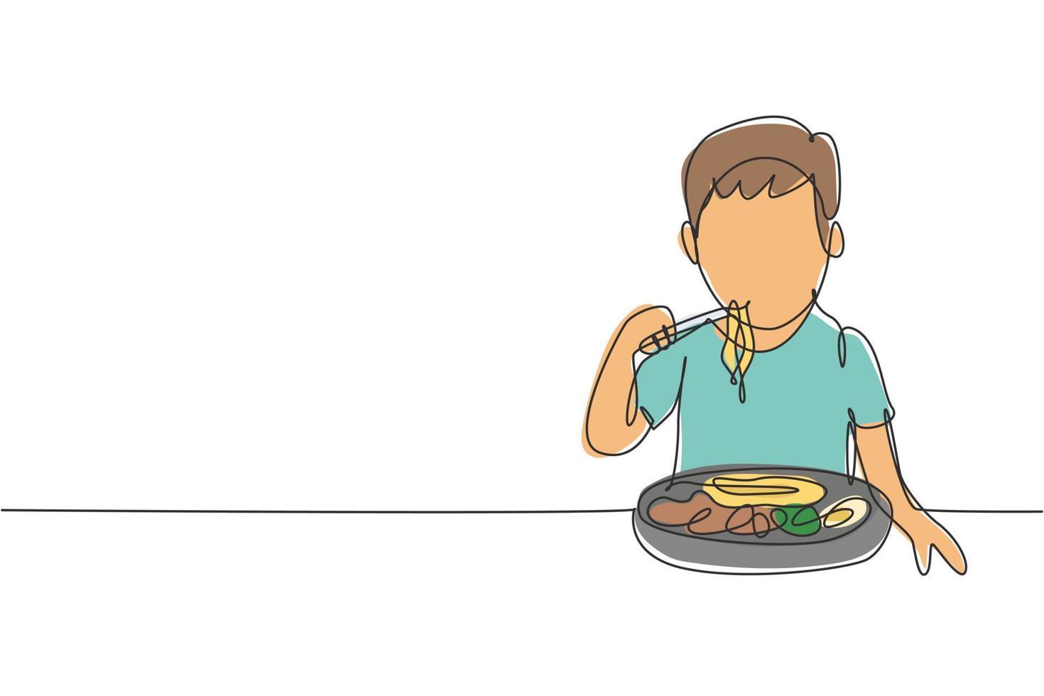 enkele doorlopende lijntekening jongen met spaghetti maaltijd met stokjes rond tafel. geniet van de lunch als je honger hebt. heerlijk en gezond eten. dynamische één lijn trekken grafisch ontwerp vectorillustratie vector