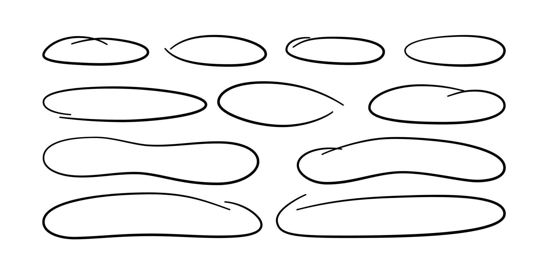 hand- getrokken lang cirkel ovalen set. ellipsen van verschillend breedtes. hoogtepunt cirkel kozijnen. elips en ovalen in tekening stijl. reeks van vector illustratie geïsoleerd Aan wit achtergrond