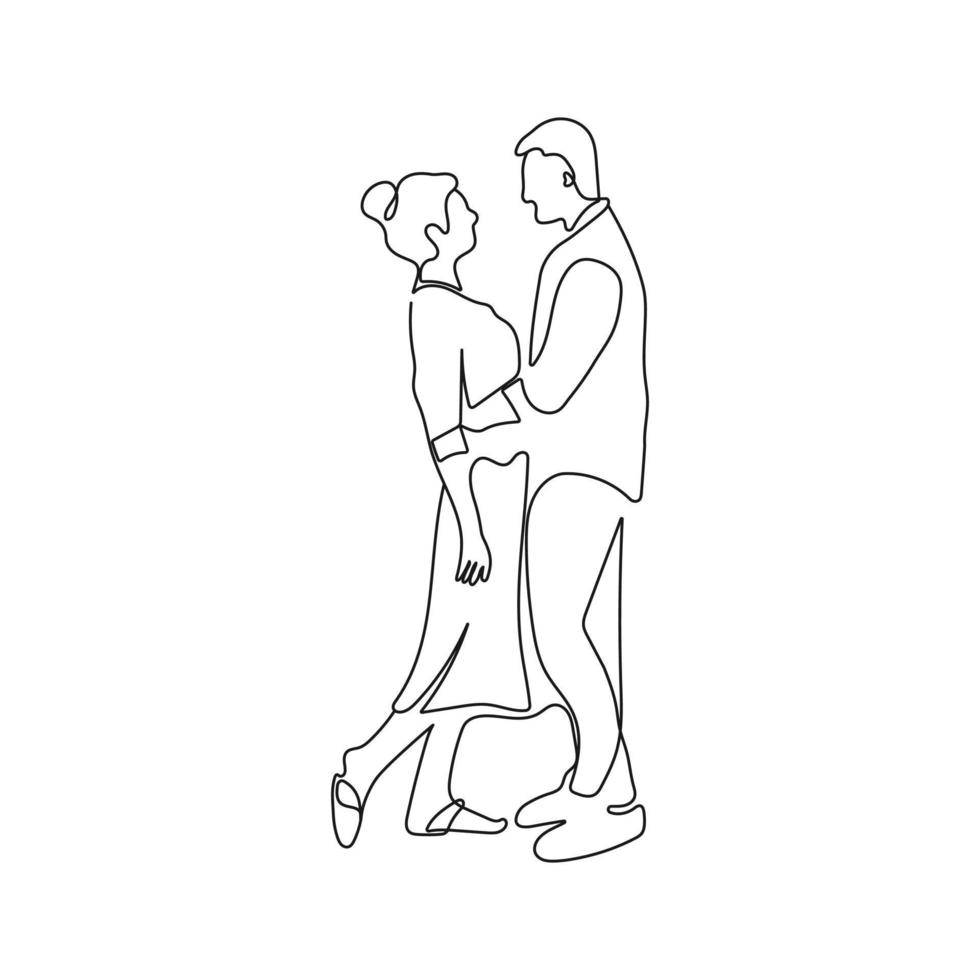 romantisch, knuffelen paar staand gezicht naar gezicht. een lijn kunst. Mens en vrouw in liefde willen naar kus elk ander. vector illustratie