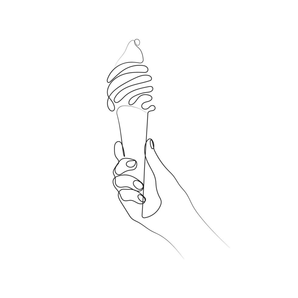 hand- Holding ijs room. een lijn kunst tekening stijl. ijs room Hoorn. hand- getrokken vector illustratie.