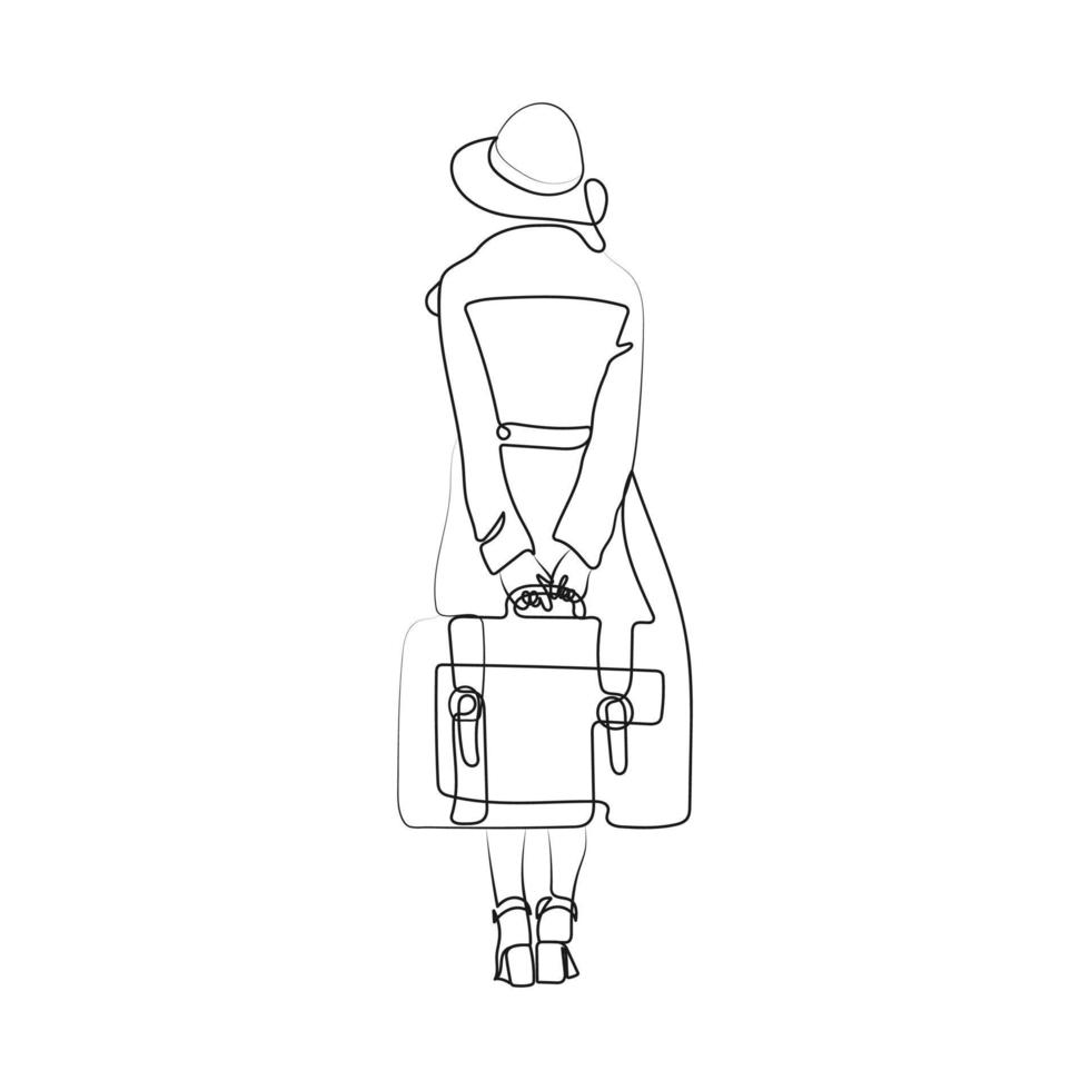 meisje met koffer, vervelend hoed en jas. een lijn kunst. reizen concept. wijnoogst vector illustratie.