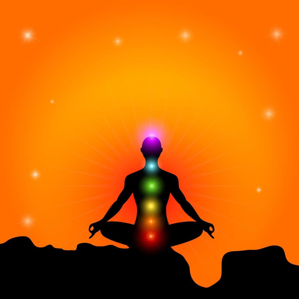 menselijk silhouet in yoga houding met chakra's, vector illustratie