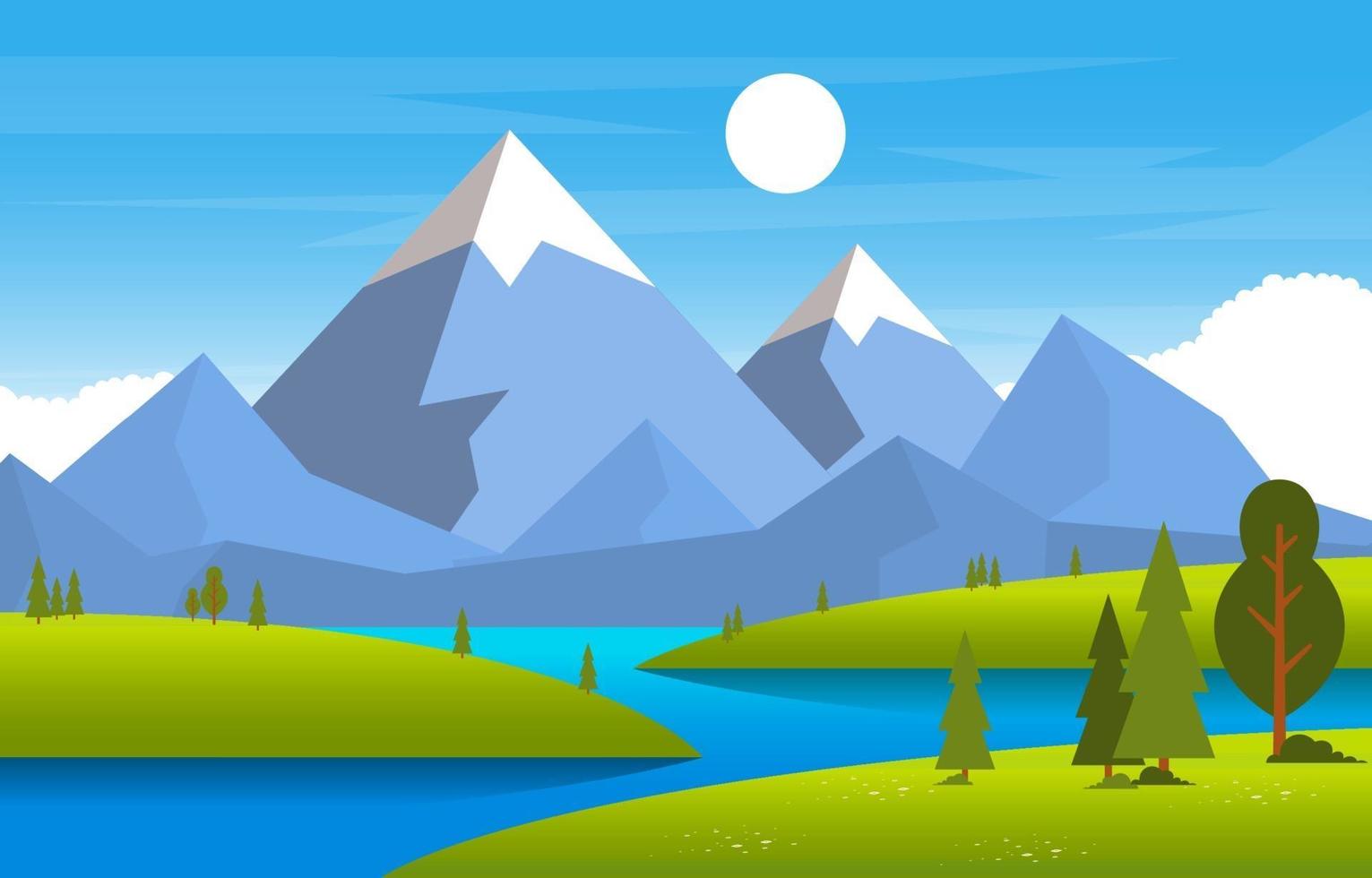 zomerscène met illustratie van de rivier, het veld en de bergen vector
