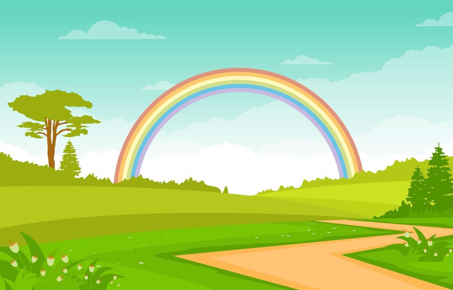 zomerscène met veld, bomen en regenboog illustratie vector