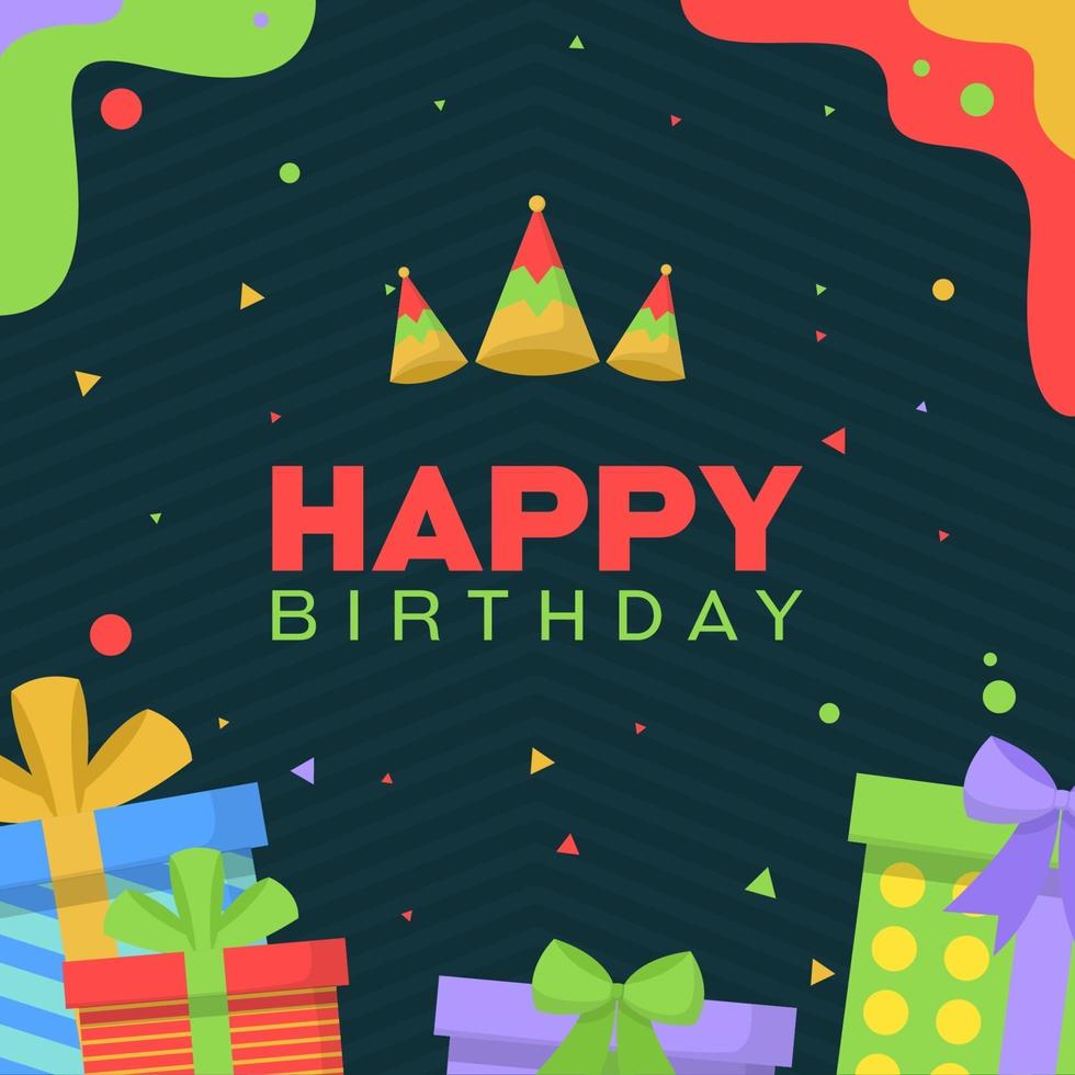 gelukkige verjaardagskaart met geschenken en confetti vector