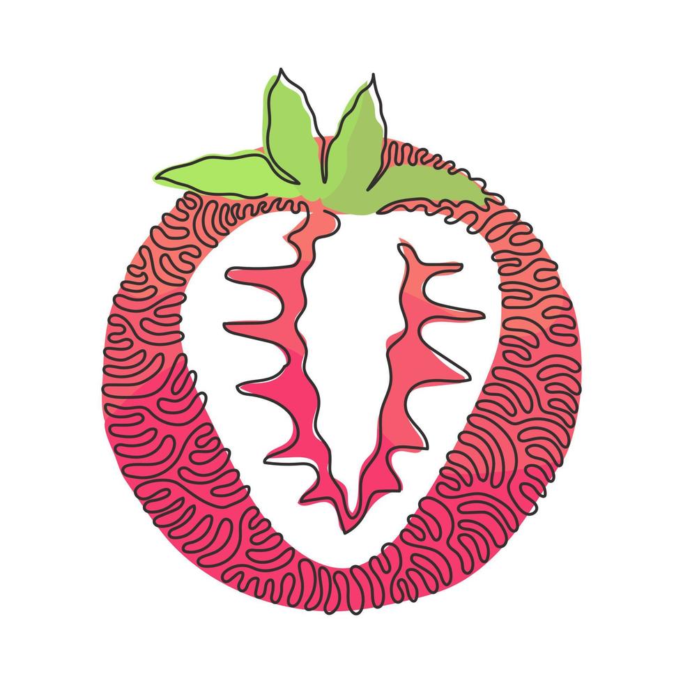 enkele lijntekening gesneden gezonde biologische aardbei voor de identiteit van het boomgaardlogo. verse bessenfruit voor fruittuinpictogram. swirl curl cirkel achtergrondstijl. ononderbroken lijntekening ontwerp vector