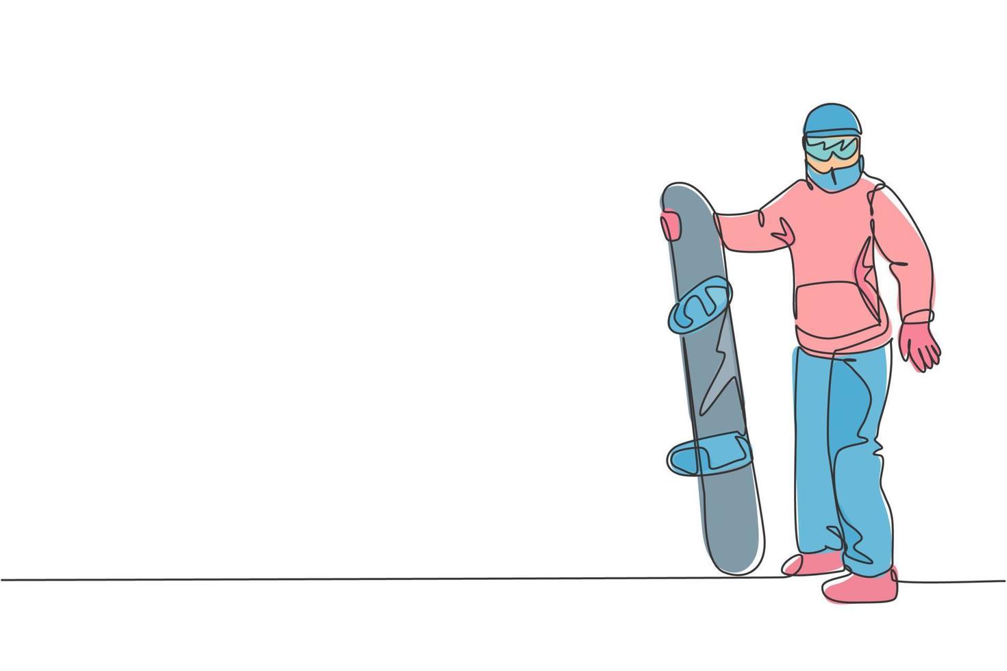 een enkele lijntekening jonge energieke snowboarder man rijden snel snowboard op besneeuwde berg vector grafische illustratie. toeristische vakantie levensstijl sport concept. modern ononderbroken lijntekeningontwerp