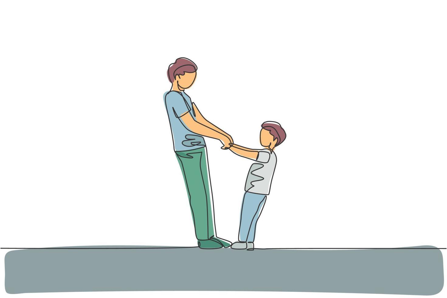 een doorlopende lijntekening van jonge vader en zijn zoon hand in hand en dansen samen thuis, gezinsleven. gelukkig ouderschap concept. dynamische enkele lijn tekenen ontwerp vector illustratie afbeelding
