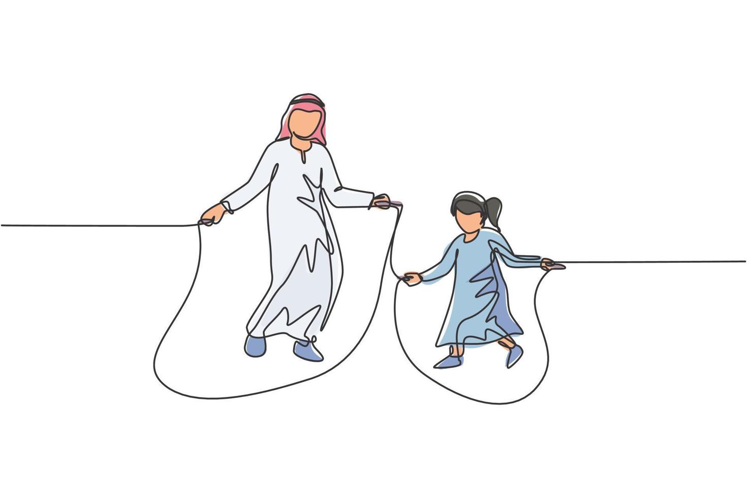 een doorlopende lijntekening van jonge islamitische vader en dochter spelen touwtjespringen en springen in het park. gelukkig arabisch moslim ouderschap familieconcept. dynamische enkele lijn tekenen ontwerp vectorillustratie vector