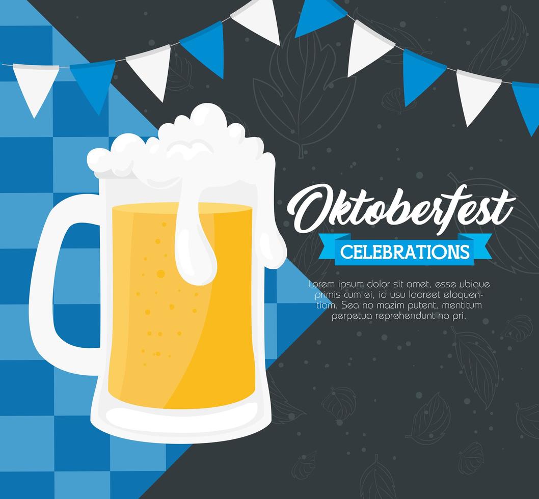 Oktoberfest-vieringsbanner met het hangen van bier en slingers vector