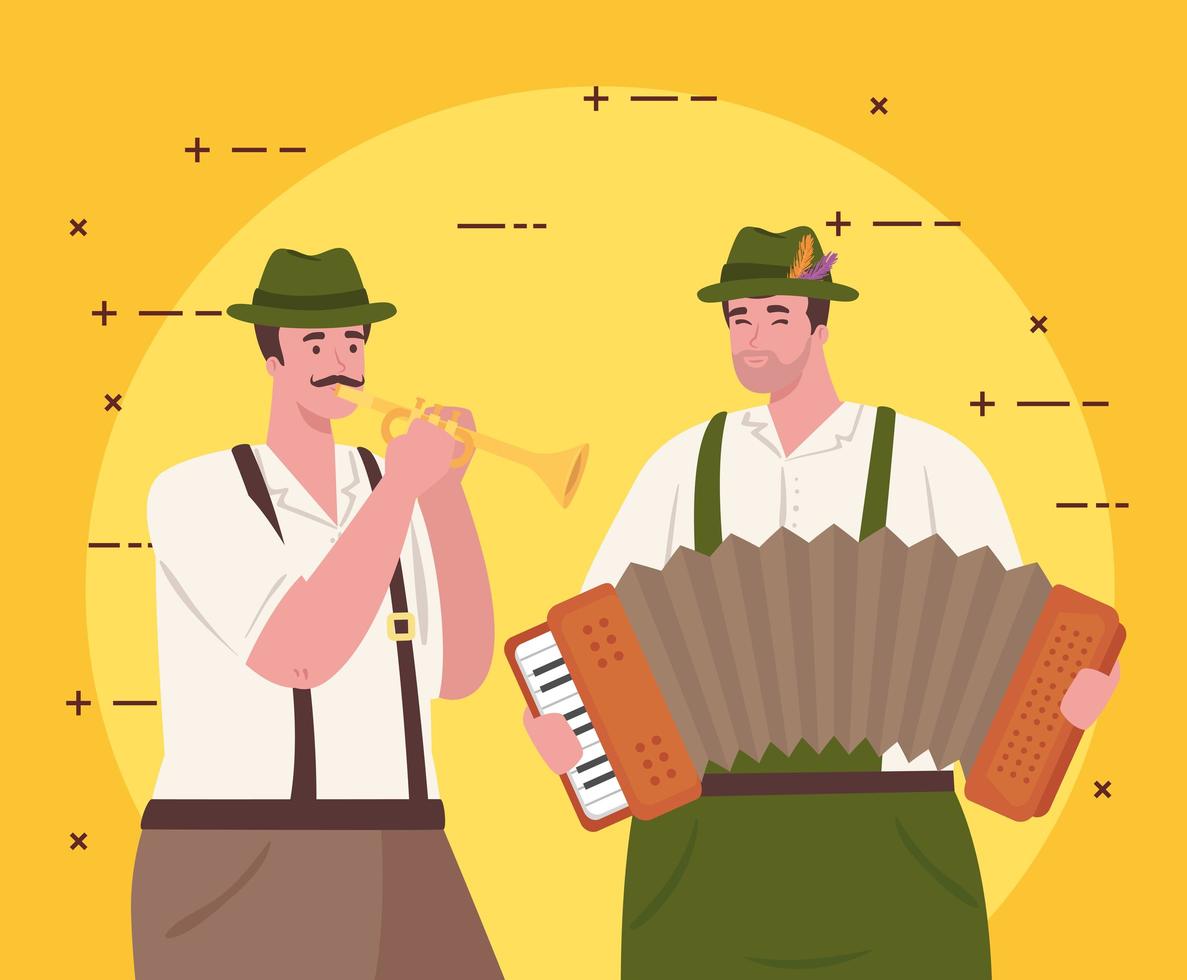 Duitse mannen in traditionele kleding met instrumenten voor oktoberfest-viering vector