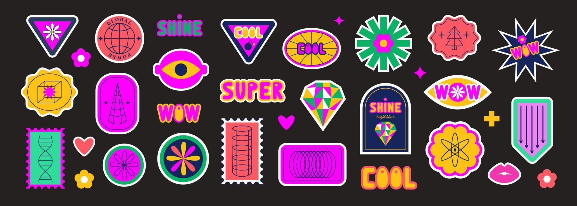 reeks van retro futuristische stickers, etiketten, lappen. jaren 60, jaren 70, jaren 80, jaren 90. y2k. helder levendig zuur kleuren. meetkundig abstract vormen. vector