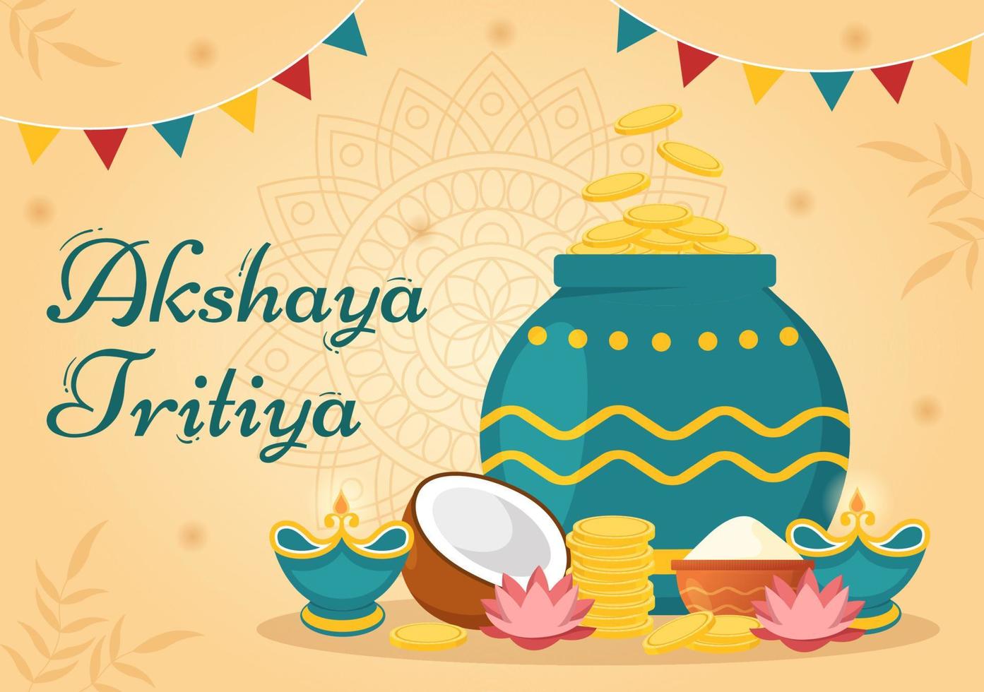 akshaya tritiya festival illustratie met een gouden kalash, pot en goud munten voor dhanteras viering in hand- getrokken voor landen bladzijde Sjablonen vector