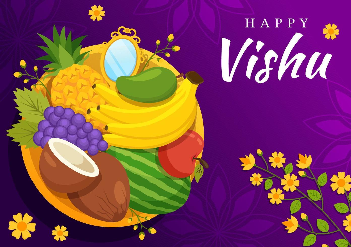 gelukkig vishu festival illustratie met traditioneel kerala Kani, fruit en groenten voor landen bladzijde in vlak tekenfilm hand- getrokken Sjablonen vector
